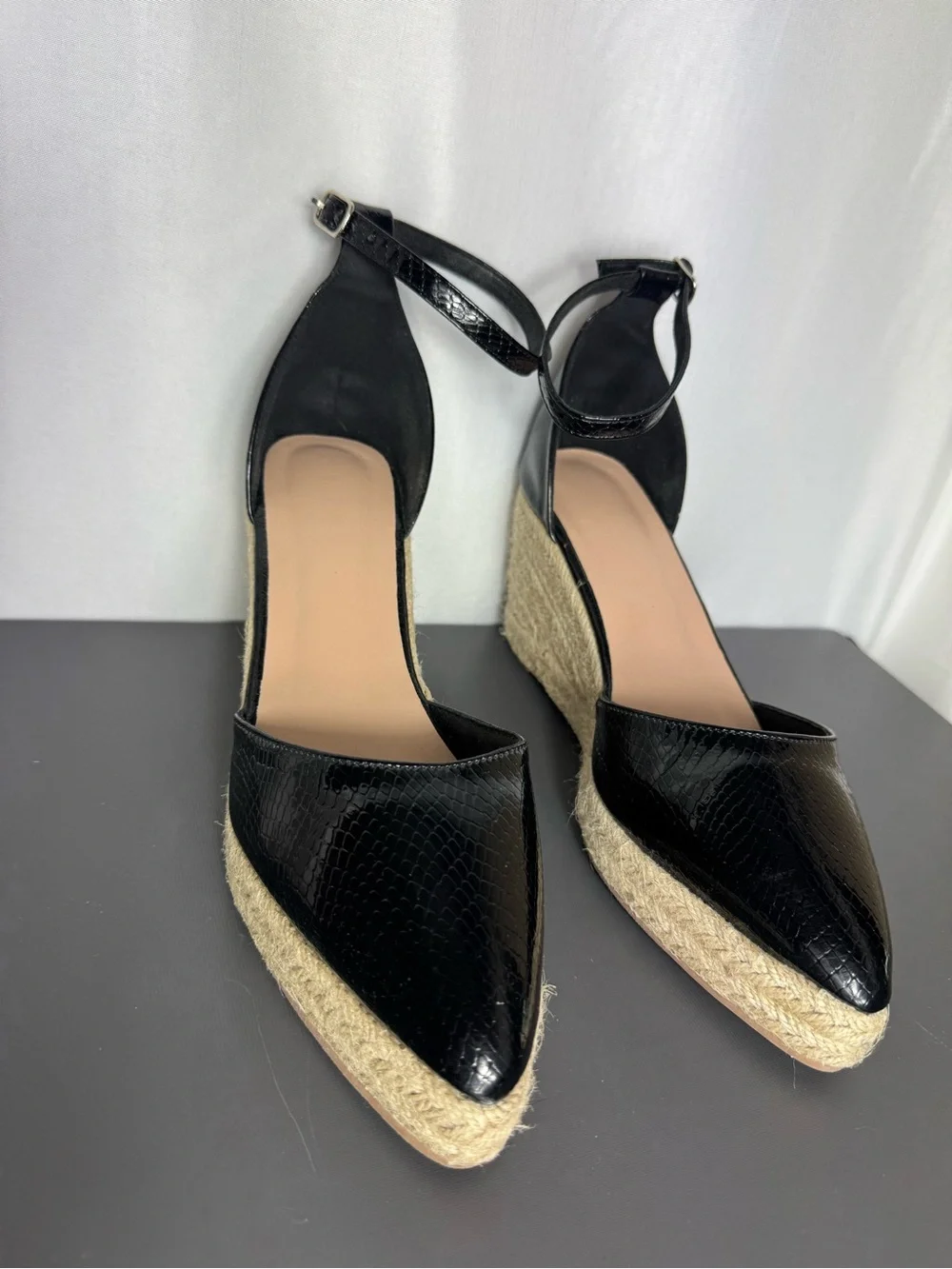 Black Espadrille Wedge Pointed-Toe Ankle-Strap Heels size 39
